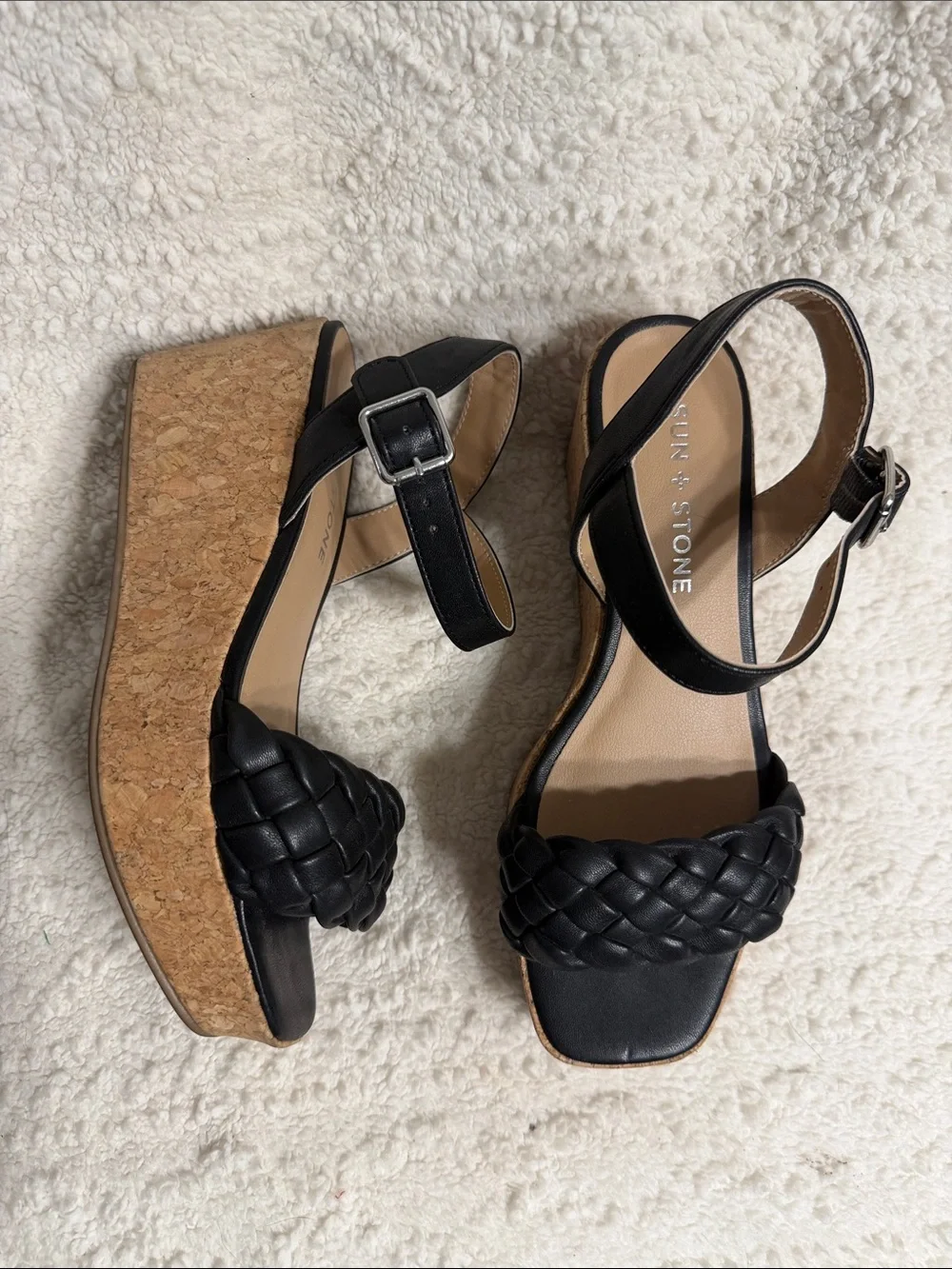 Sun + Stone Black Braided Cork Wedge Sandals